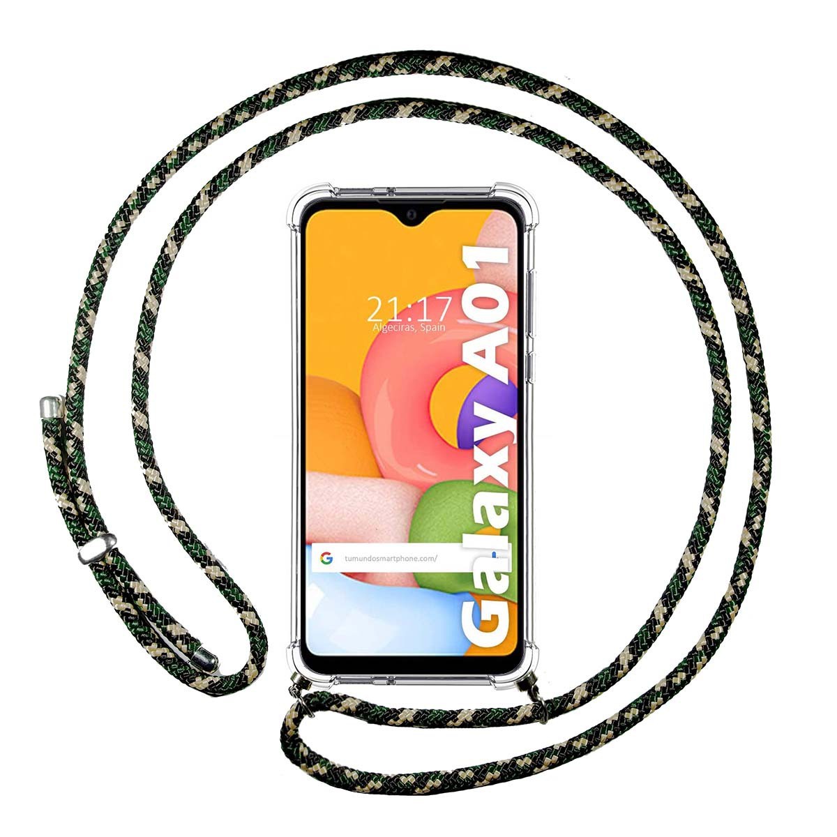 Funda Colgante Transparente para Samsung Galaxy A01 con Cordon Verde / Dorado