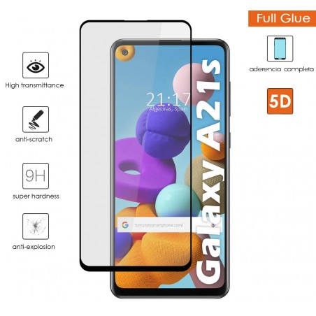 Protector Cristal Templado Completo 5D Full Glue Negro para Samsung Galaxy A21s