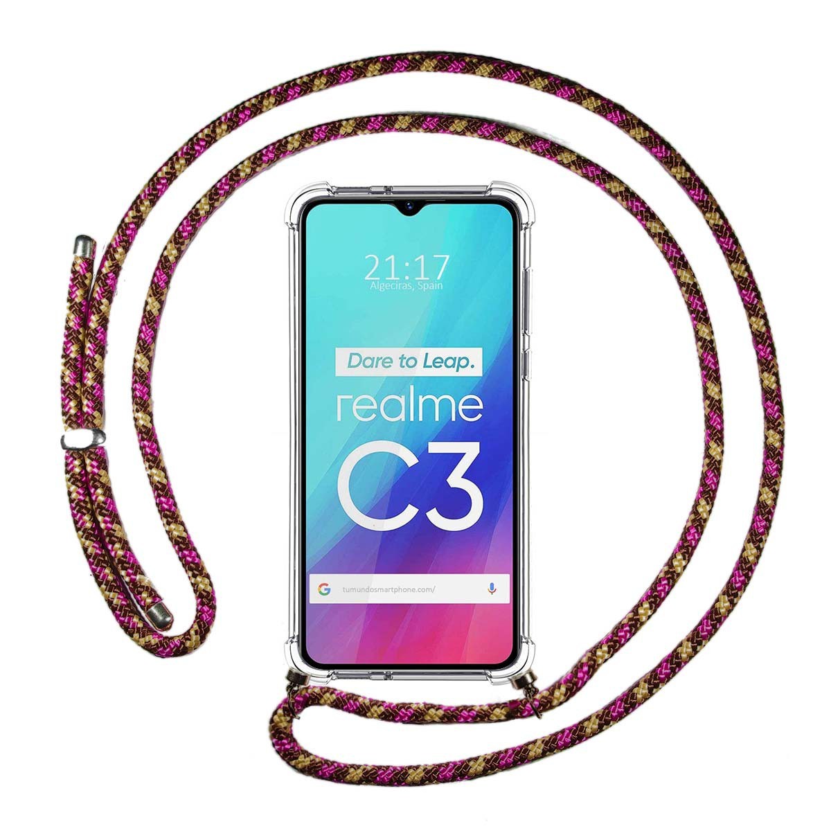 Funda Colgante Transparente para Realme C3 con Cordon Rosa / Dorado