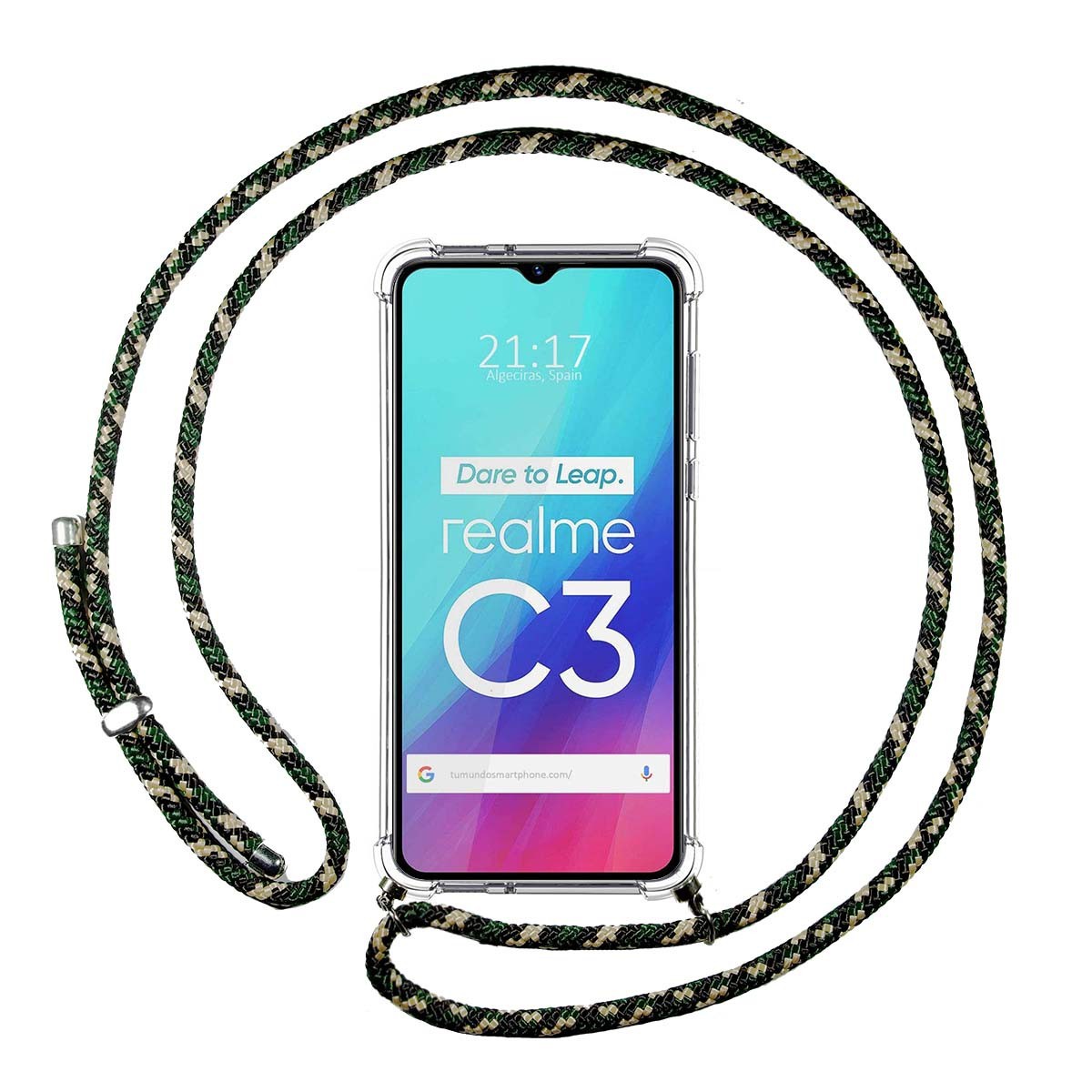 Funda Colgante Transparente para Realme C3 con Cordon Verde / Dorado