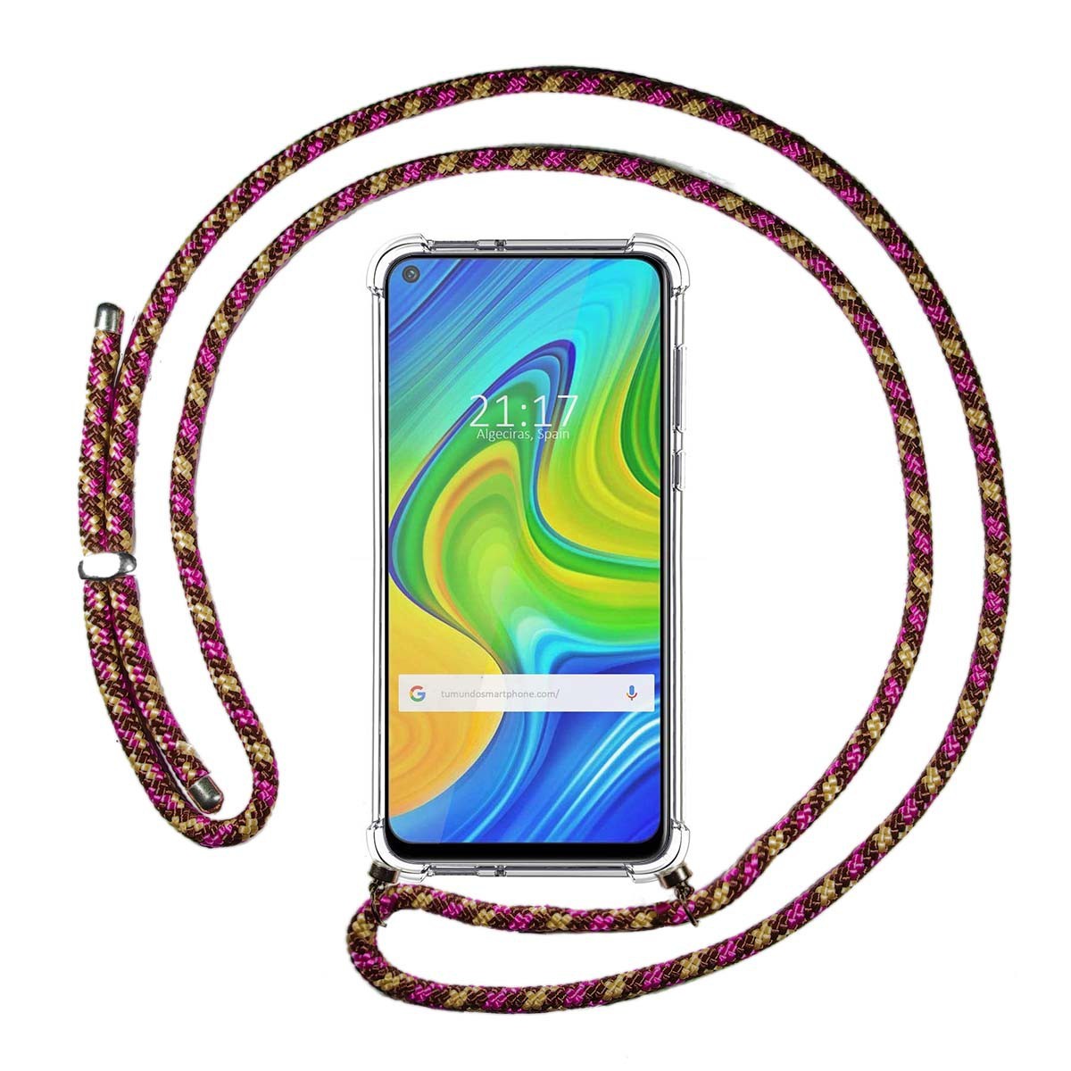 Funda Colgante Transparente para Xiaomi Redmi Note 9 con Cordon Rosa / Dorado