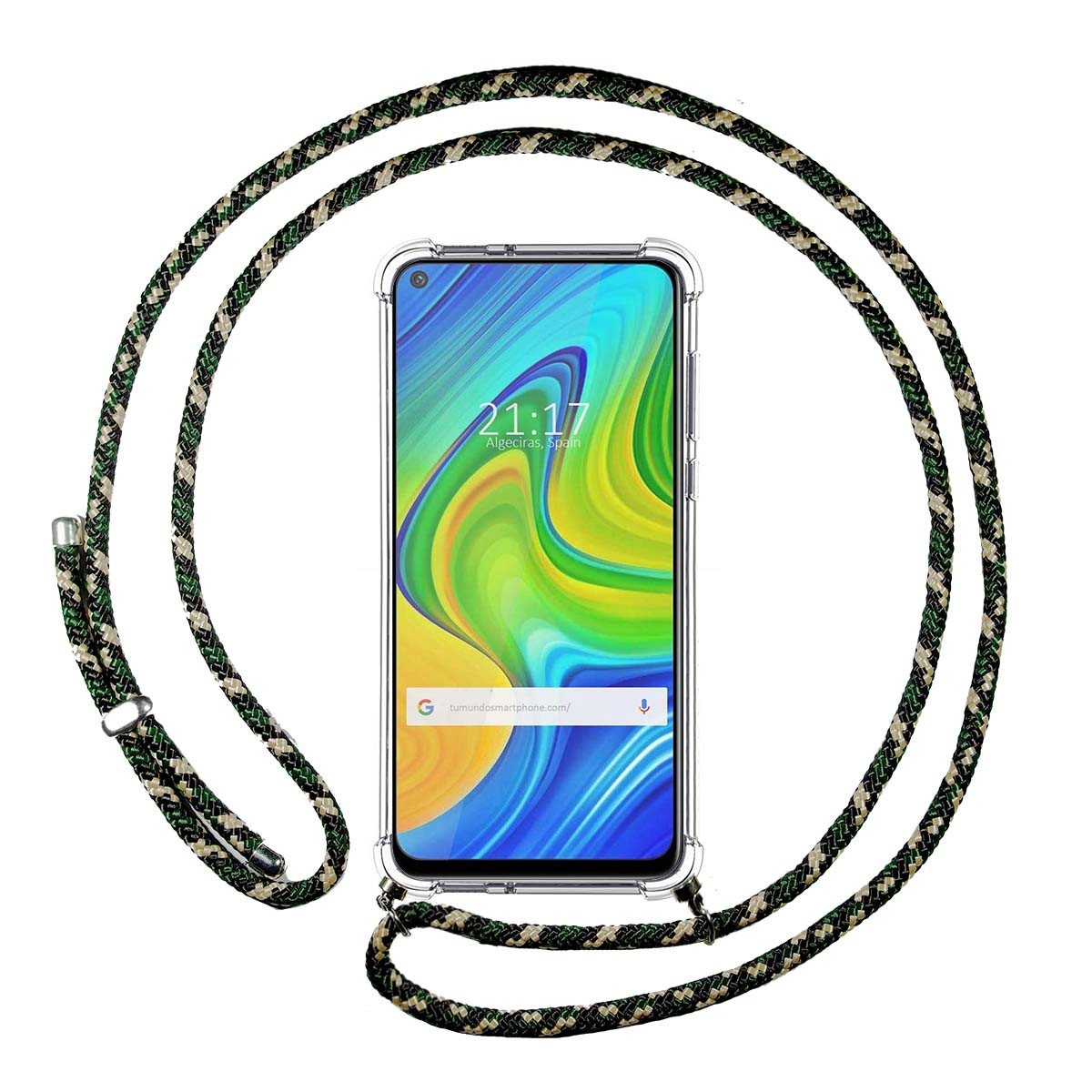 Funda Colgante Transparente para Xiaomi Redmi Note 9 con Cordon Verde / Dorado