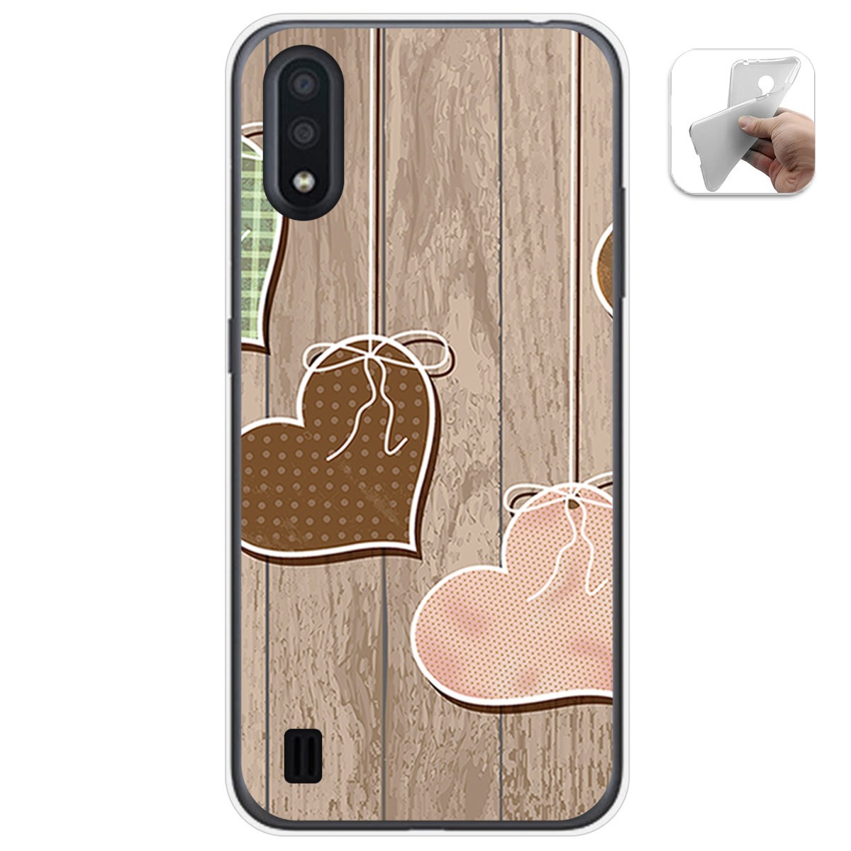 Funda Gel Tpu para Samsung Galaxy A01 diseño Corazones Madera Dibujos