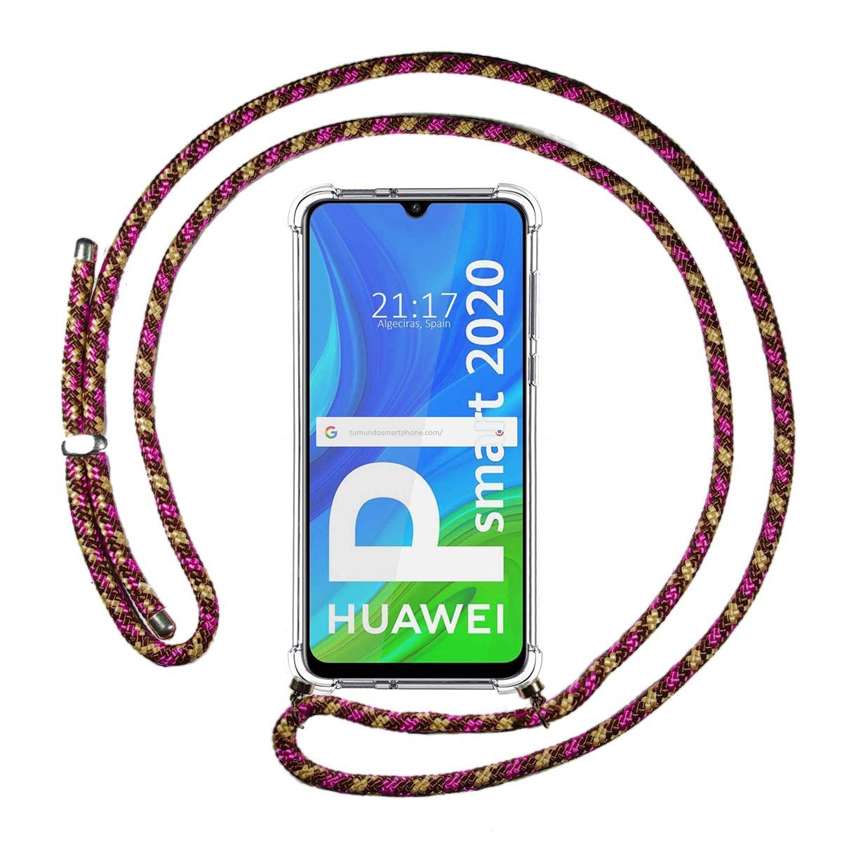 Funda Colgante Transparente para Huawei P Smart 2020 con Cordon Rosa / Dorado