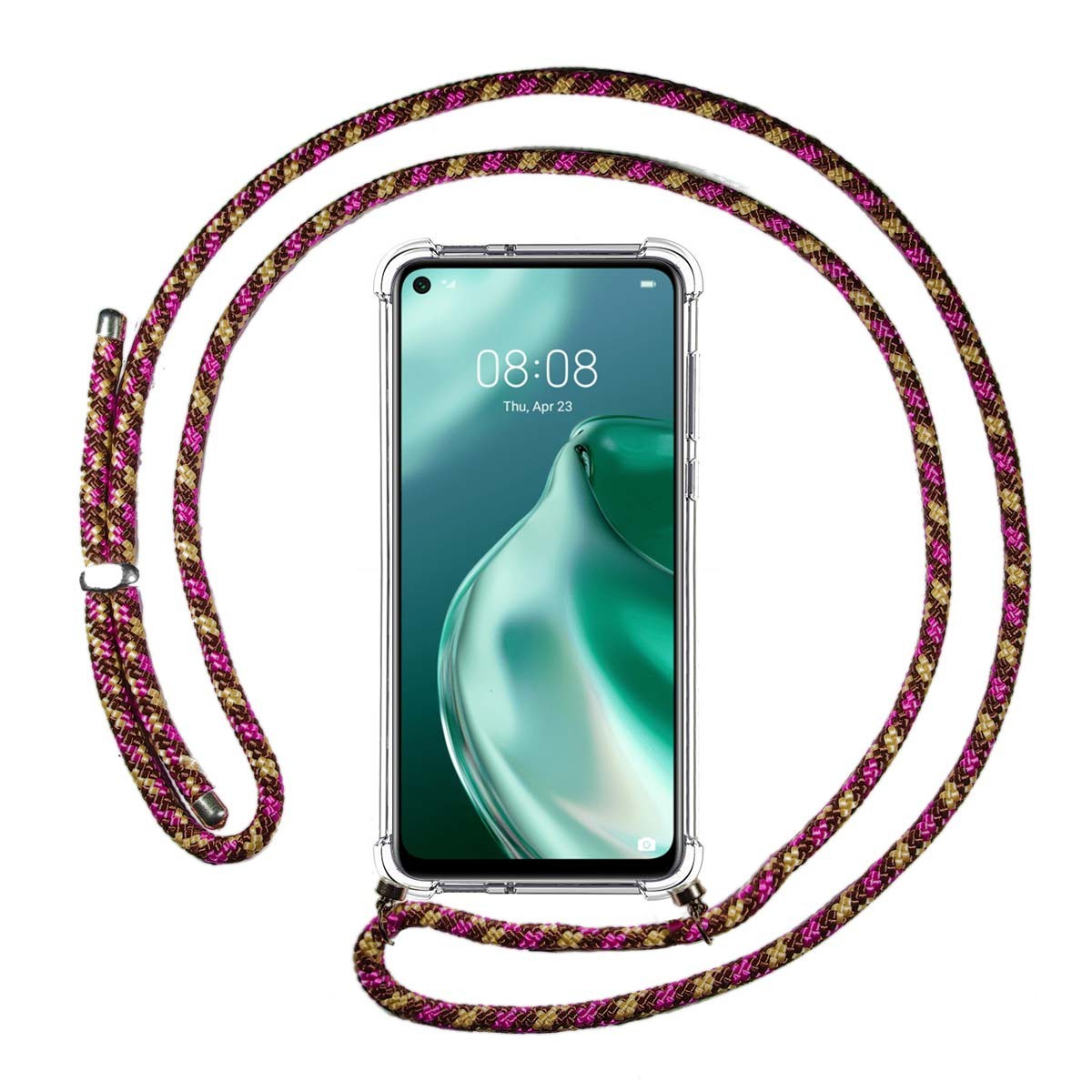 Funda Colgante Transparente para Huawei P40 Lite 5G con Cordon Rosa / Dorado