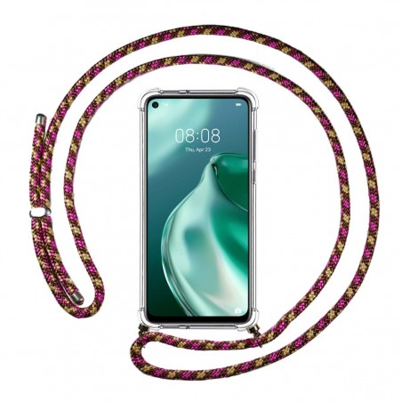 Funda Colgante Transparente para Huawei P40 Lite 5G con Cordon Rosa / Dorado