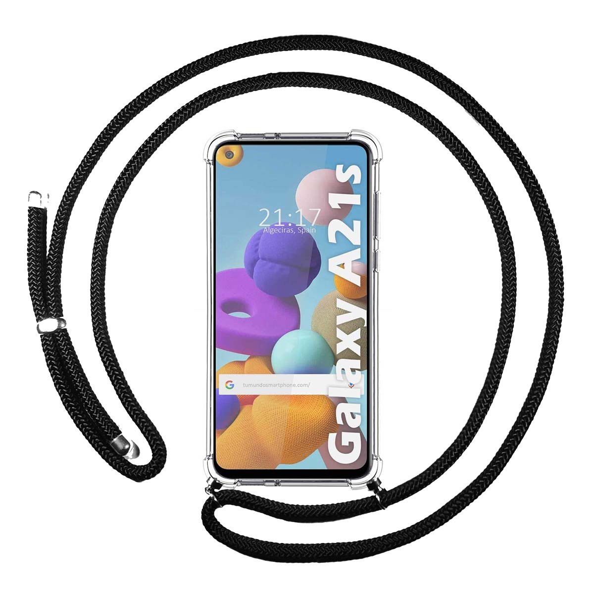 Funda Colgante Transparente para Samsung Galaxy A21s con Cordon Negro