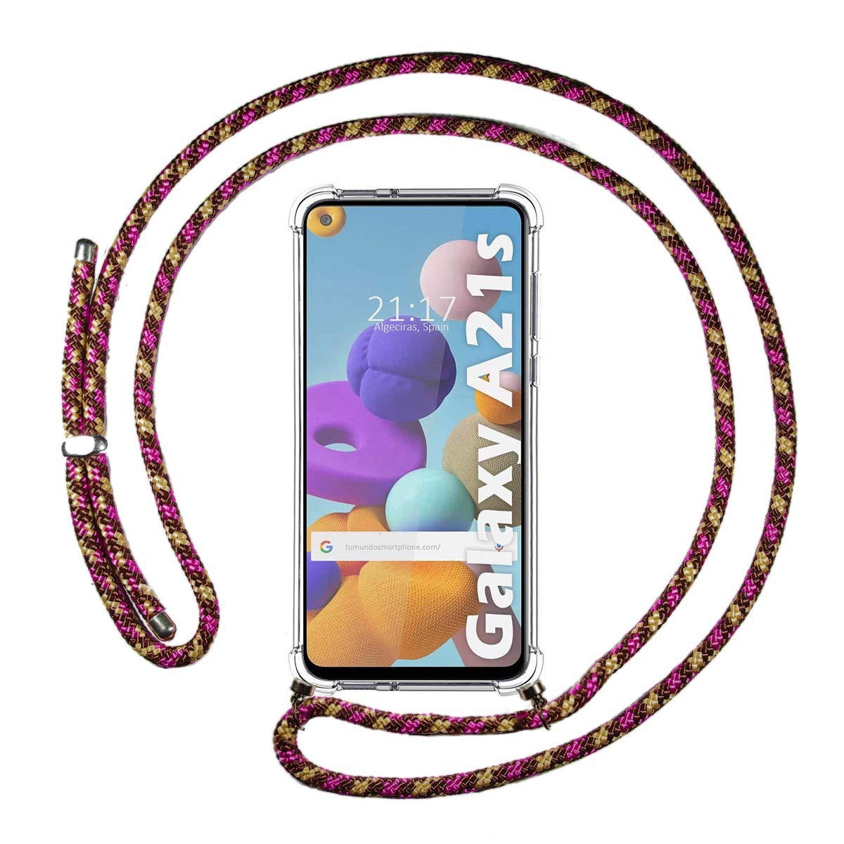 Funda Colgante Transparente para Samsung Galaxy A21s con Cordon Rosa / Dorado