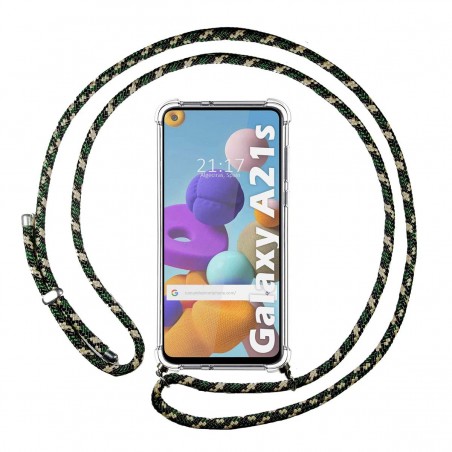 Funda Colgante Transparente para Samsung Galaxy A21s con Cordon Verde / Dorado