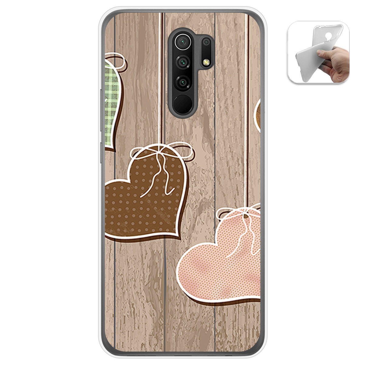 Funda Gel Tpu para Xiaomi Redmi 9 diseño Corazones Madera Dibujos