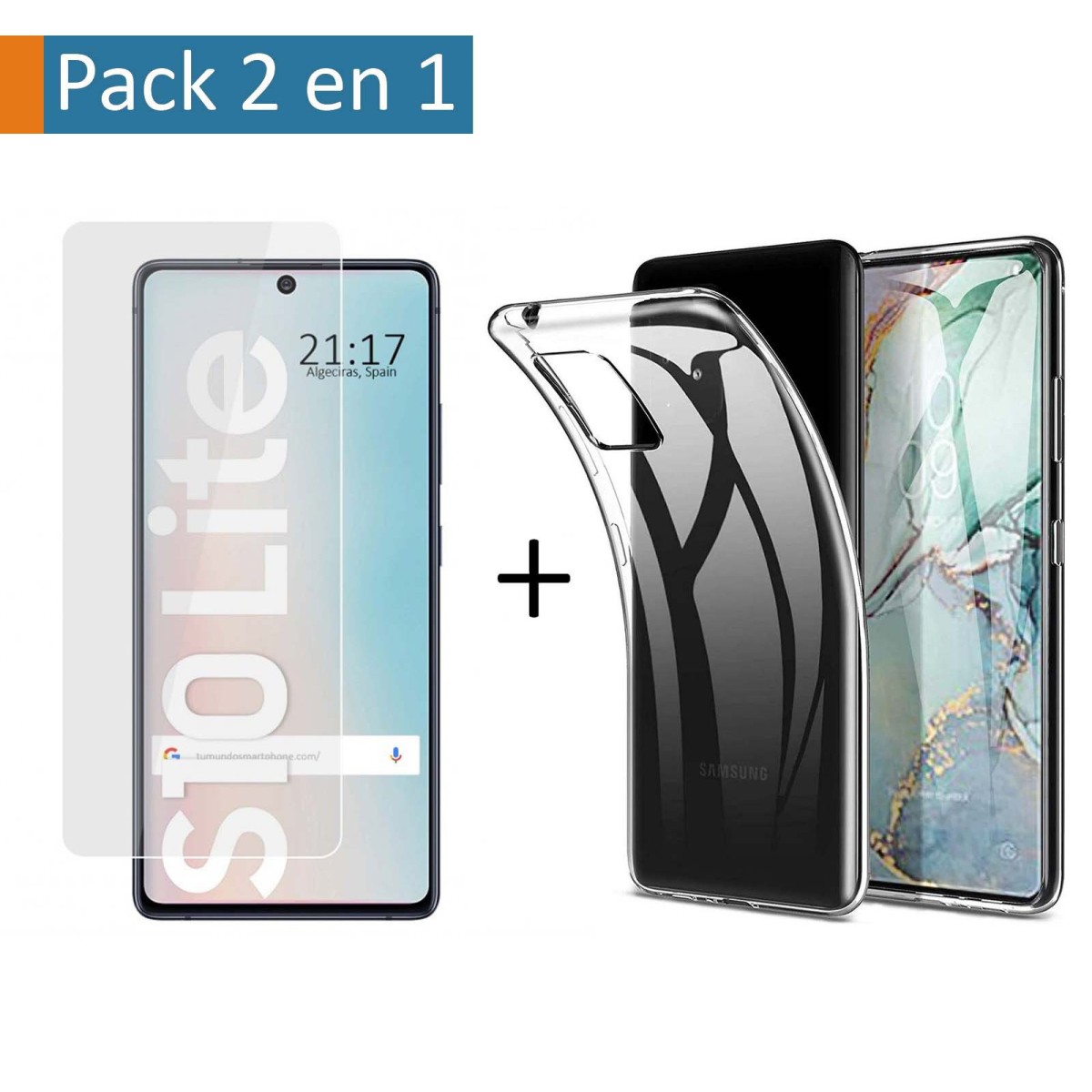 Pack 2 En 1 Funda Gel Transparente + Protector Cristal Templado para Samsung Galaxy S10 Lite