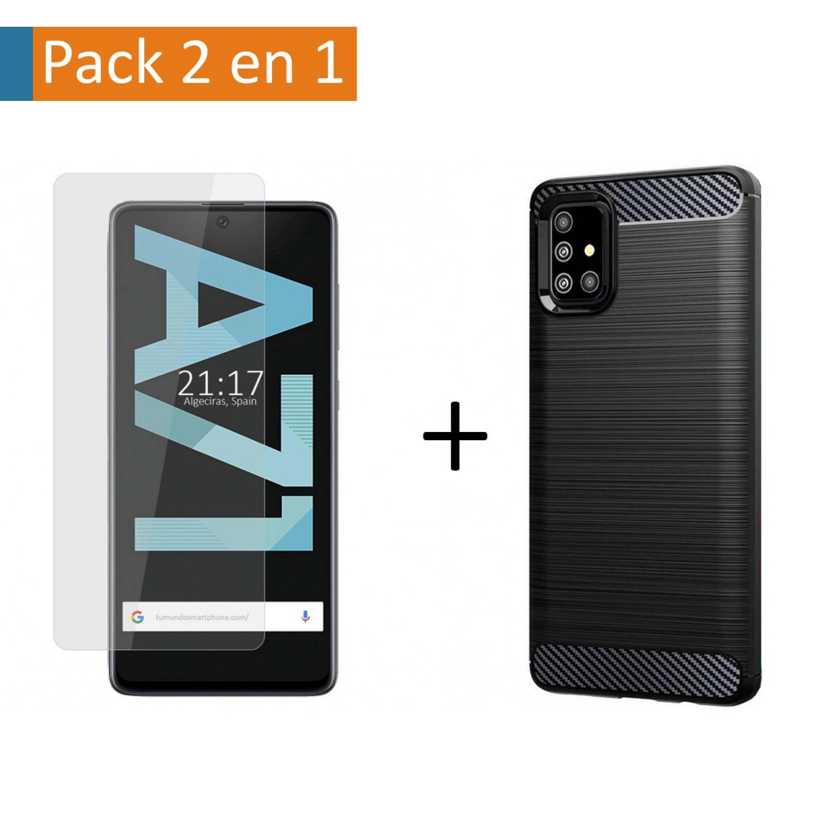 Pack 2 En 1 Funda Gel Tipo Carbono + Protector Cristal Templado para Samsung Galaxy A71