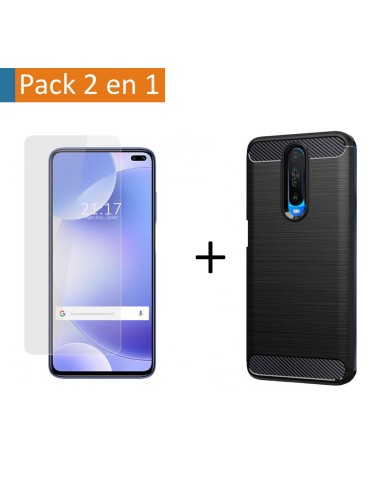 Pack 2 En 1 Funda Gel Tipo Carbono + Protector Cristal Templado para Xiaomi Pocophone POCO X2