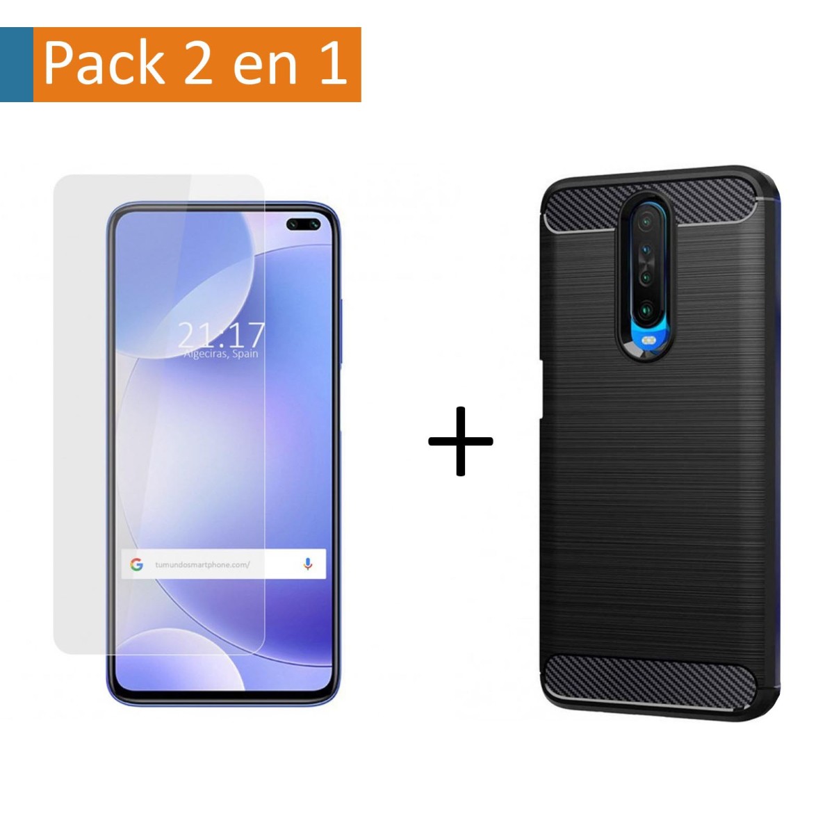Pack 2 En 1 Funda Gel Tipo Carbono + Protector Cristal Templado para Xiaomi Pocophone POCO X2