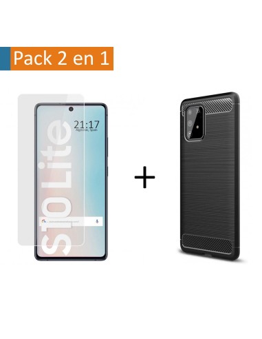 Pack 2 En 1 Funda Gel Tipo Carbono + Protector Cristal Templado para Samsung Galaxy S10 Lite