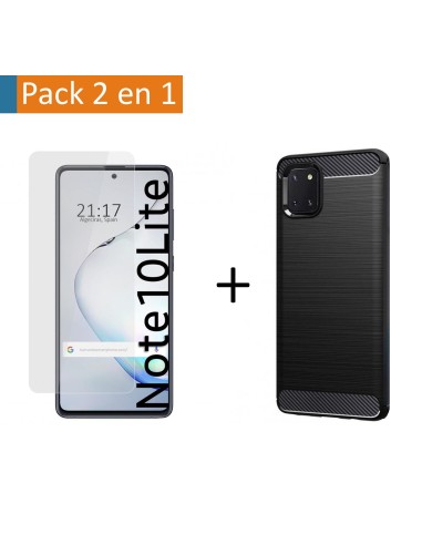 Pack 2 En 1 Funda Gel Tipo Carbono + Protector Cristal Templado para Samsung Galaxy Note 10 Lite