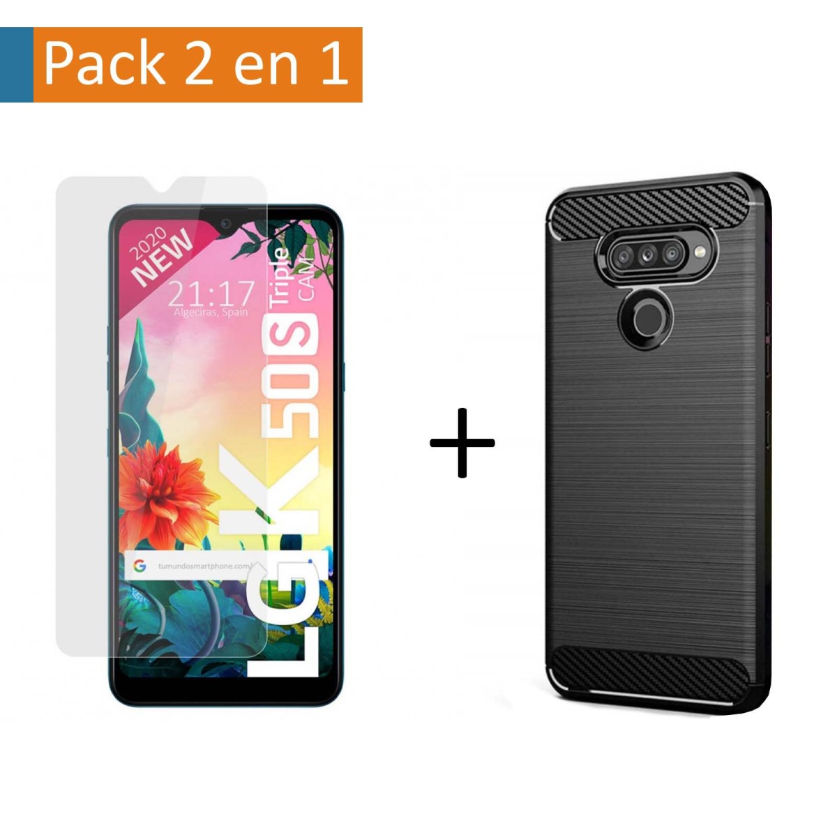 Pack 2 En 1 Funda Gel Tipo Carbono + Protector Cristal Templado para Lg K50S