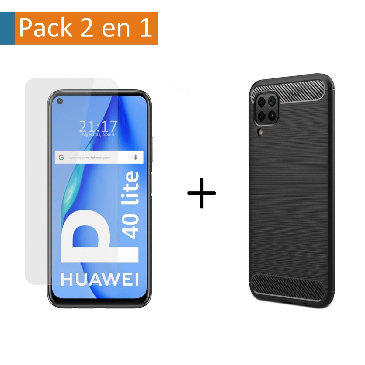 Pack 2 En 1 Funda Gel Tipo Carbono + Protector Cristal Templado para Huawei P40 Lite