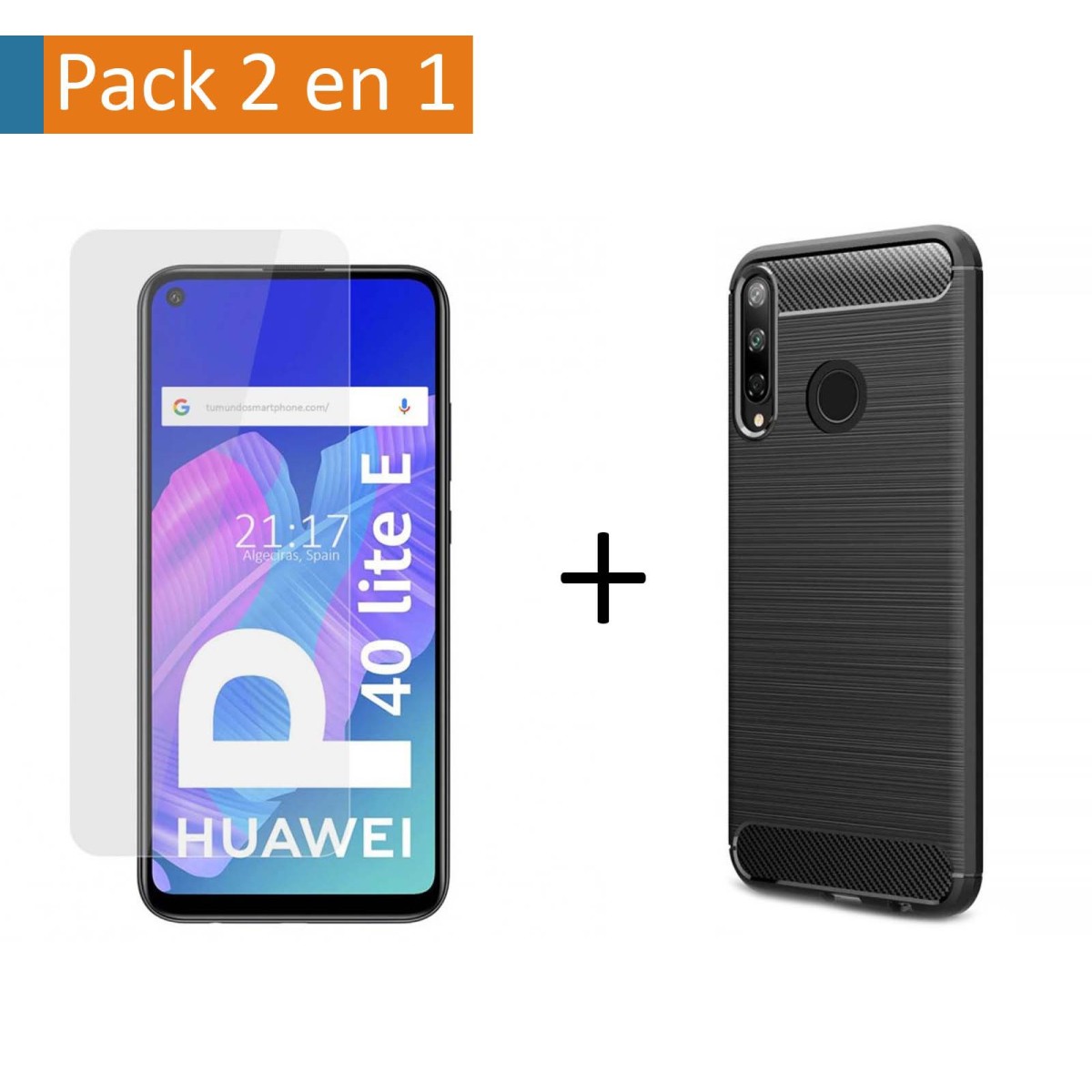 Pack 2 En 1 Funda Gel Tipo Carbono + Protector Cristal Templado para Huawei P40 Lite E