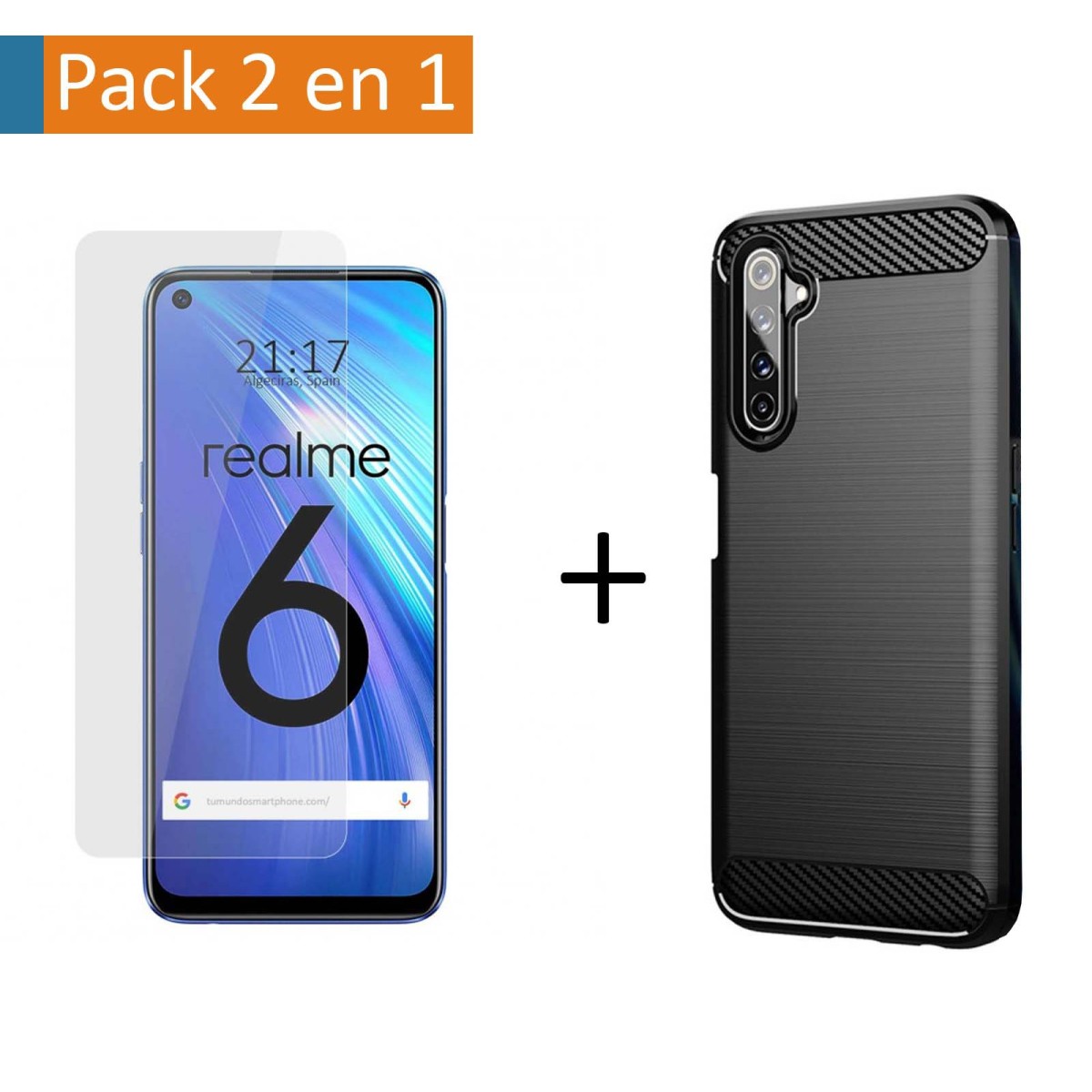 Pack 2 En 1 Funda Gel Tipo Carbono + Protector Cristal Templado para Realme 6