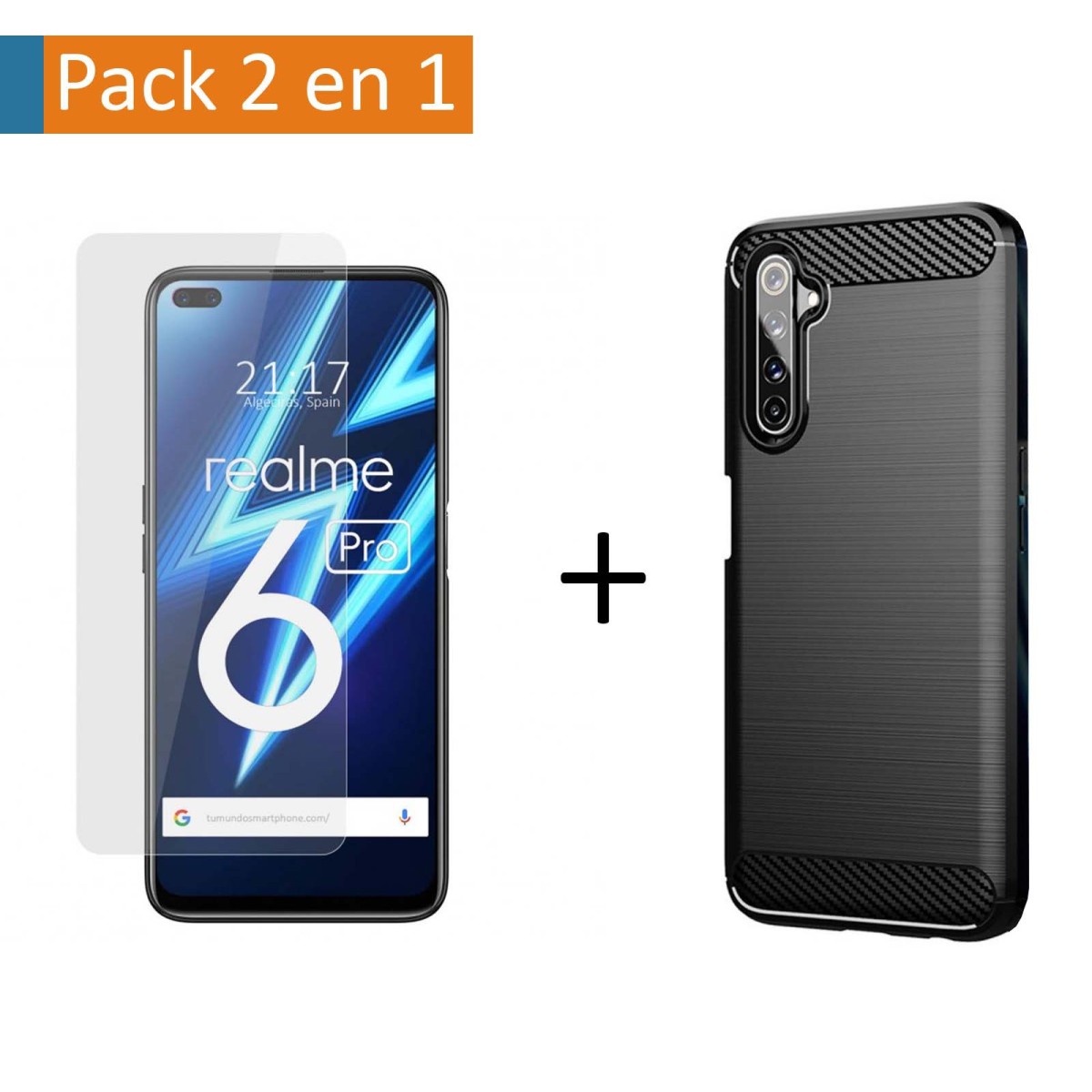 Pack 2 En 1 Funda Gel Tipo Carbono + Protector Cristal Templado para Realme 6 Pro