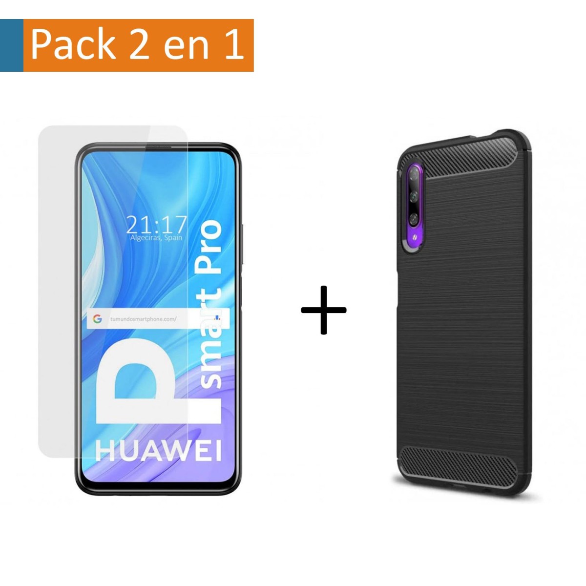 Pack 2 En 1 Funda Gel Tipo Carbono + Protector Cristal Templado para Huawei P Smart Pro