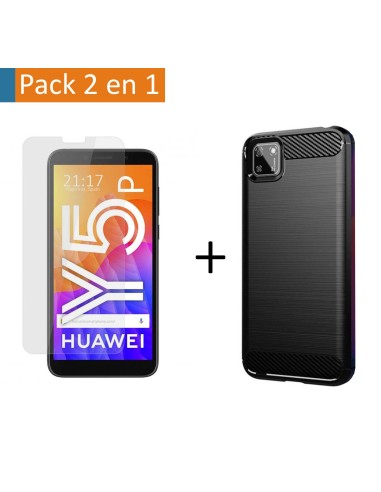 Pack 2 En 1 Funda Gel Tipo Carbono + Protector Cristal Templado para Huawei Y5p