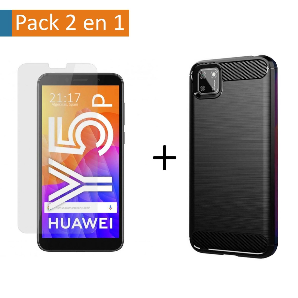 Pack 2 En 1 Funda Gel Tipo Carbono + Protector Cristal Templado para Huawei Y5p