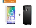 Pack 2 En 1 Funda Gel Tipo Carbono + Protector Cristal Templado para Huawei Y6p