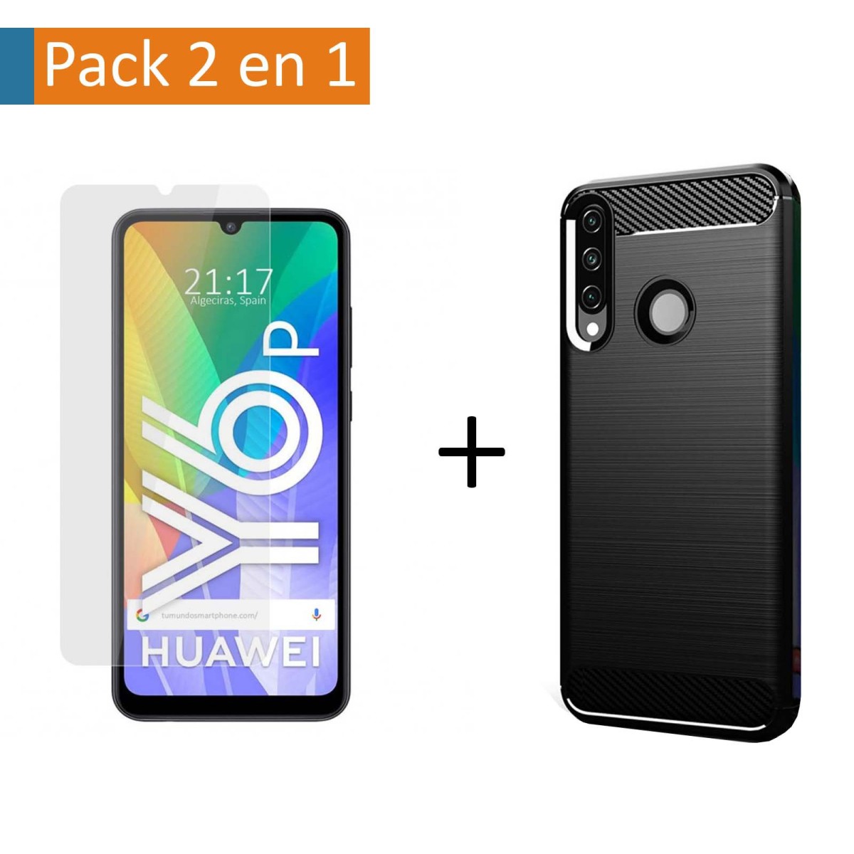 Pack 2 En 1 Funda Gel Tipo Carbono + Protector Cristal Templado para Huawei Y6p