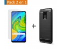 Pack 2 En 1 Funda Gel Tipo Carbono + Protector Cristal Templado para Xiaomi Redmi Note 9