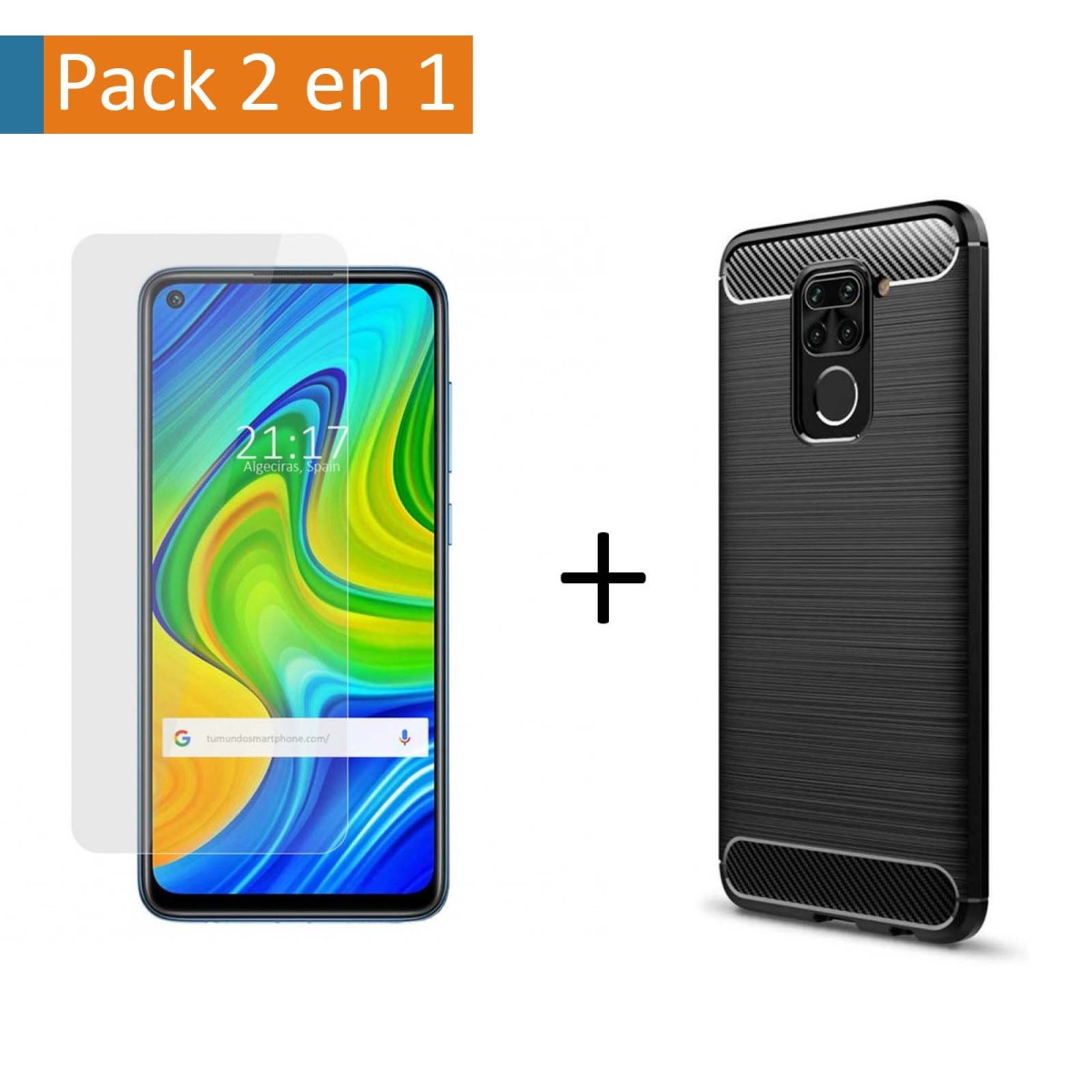 Pack 2 En 1 Funda Gel Tipo Carbono + Protector Cristal Templado para Xiaomi Redmi Note 9
