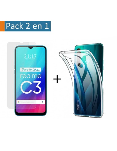 Pack 2 En 1 Funda Gel Transparente + Protector Cristal Templado para Realme C3