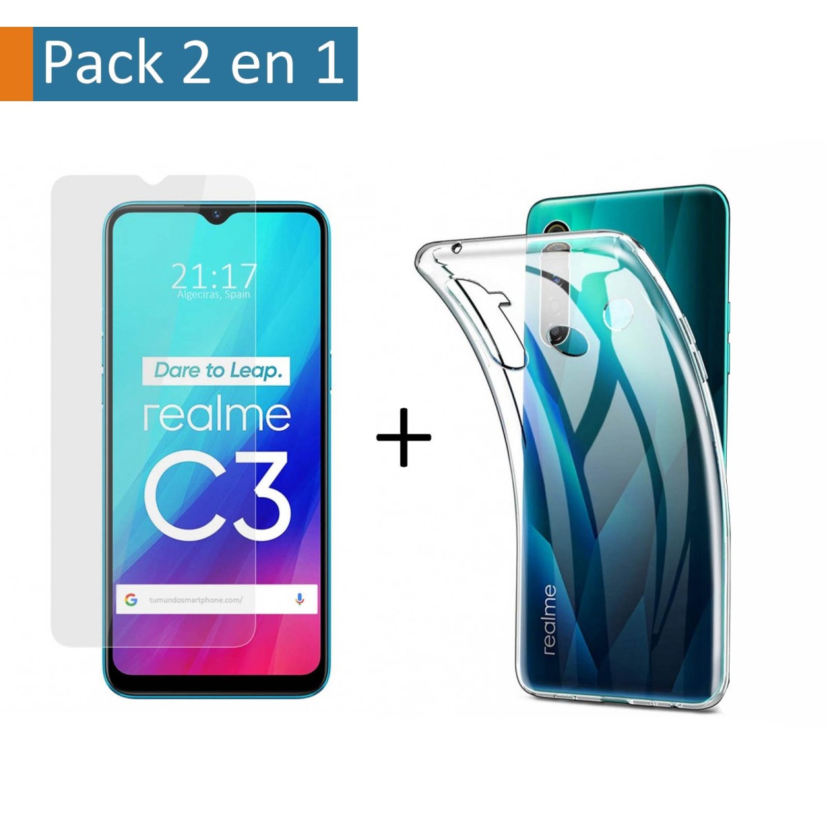 Pack 2 En 1 Funda Gel Transparente + Protector Cristal Templado para Realme C3