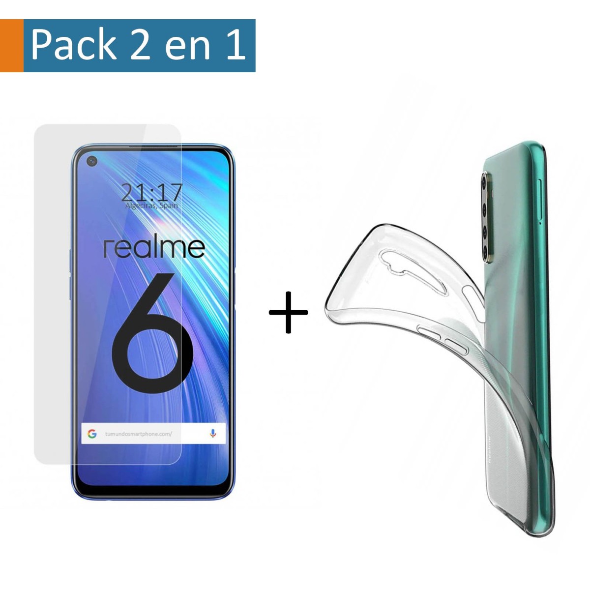 Pack 2 En 1 Funda Gel Transparente + Protector Cristal Templado para Realme 6