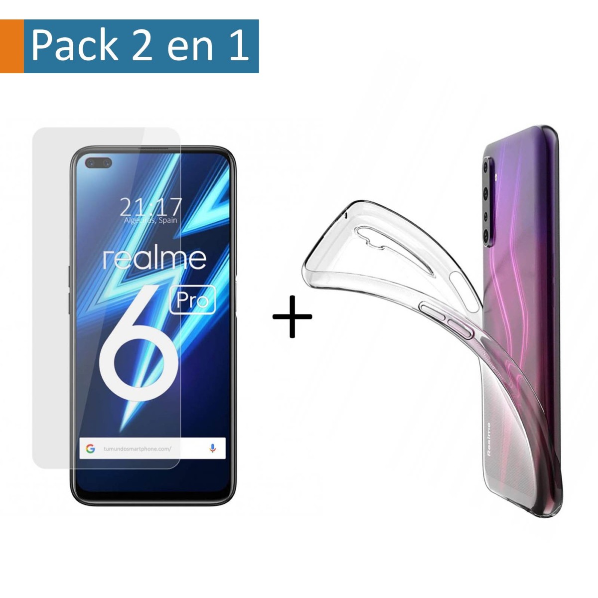 Pack 2 En 1 Funda Gel Transparente + Protector Cristal Templado para Realme 6 Pro