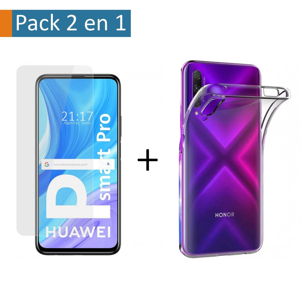 Pack 2 En 1 Funda Gel Transparente + Protector Cristal Templado para Huawei P Smart Pro