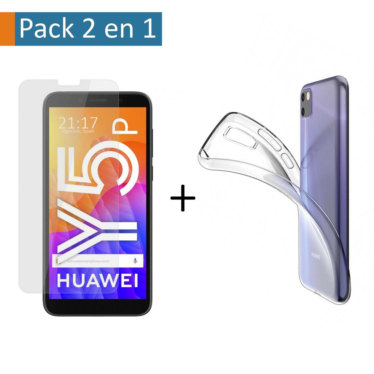 Pack 2 En 1 Funda Gel Transparente + Protector Cristal Templado para Huawei Y5p