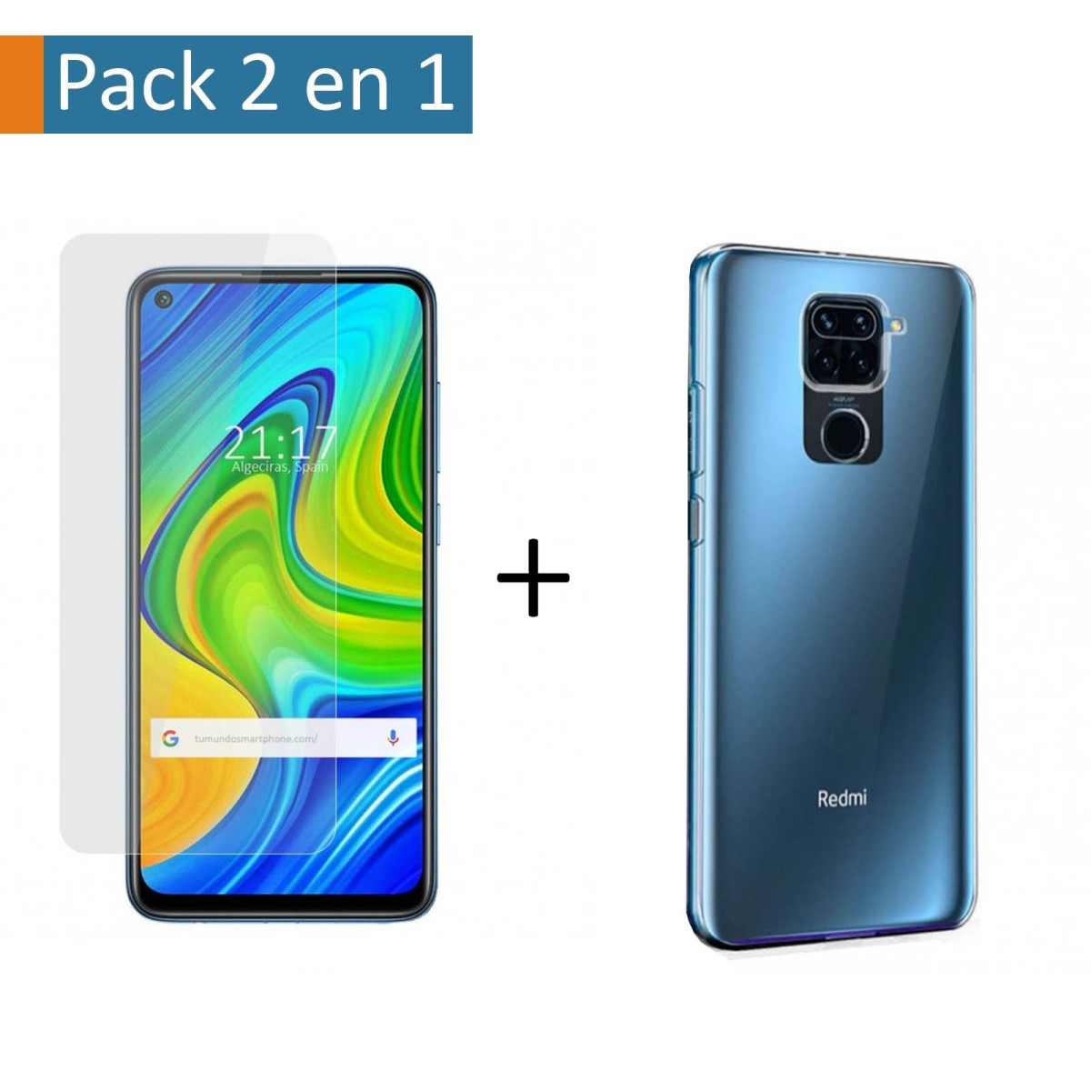 Pack 2 En 1 Funda Gel Transparente + Protector Cristal Templado para Xiaomi Redmi Note 9