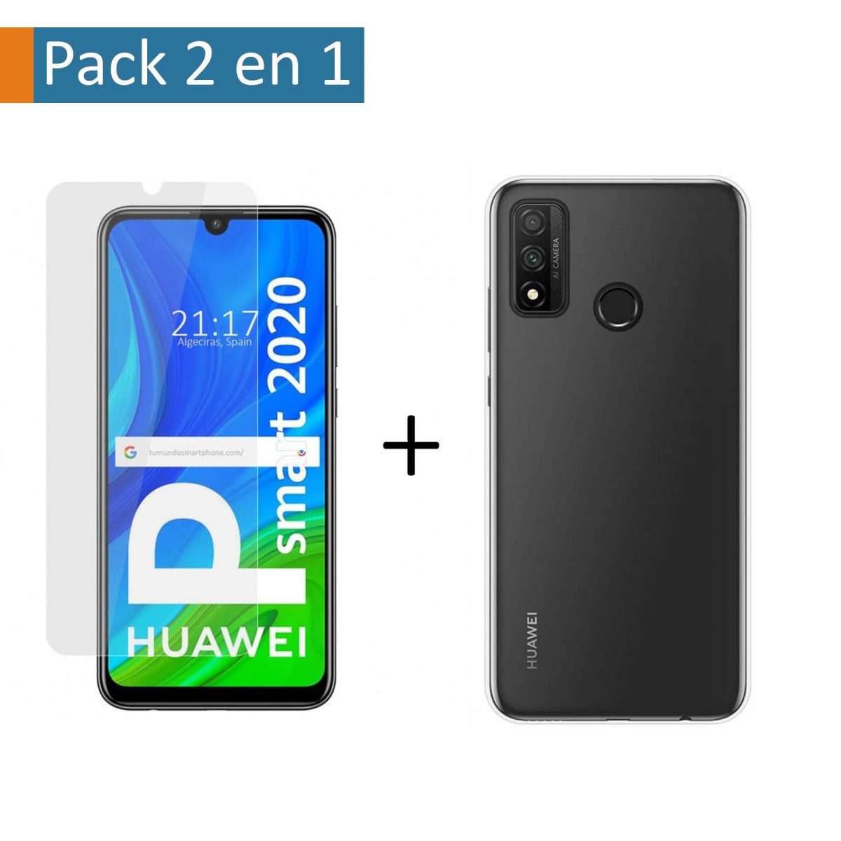 Pack 2 En 1 Funda Gel Transparente + Protector Cristal Templado para Huawei P Smart 2020