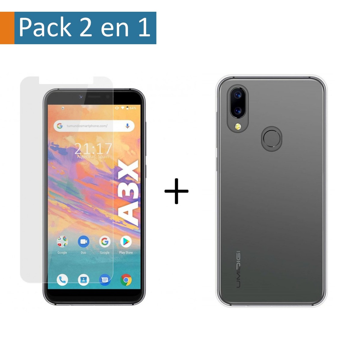 Pack 2 En 1 Funda Gel Transparente + Protector Cristal Templado para Umidigi A3X