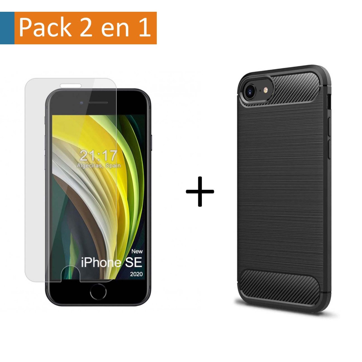 Pack 2 En 1 Funda Gel Tipo Carbono + Protector Cristal Templado para Iphone SE 2020
