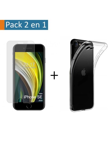 Pack 2 En 1 Funda Gel Transparente + Protector Cristal Templado para Iphone SE 2020