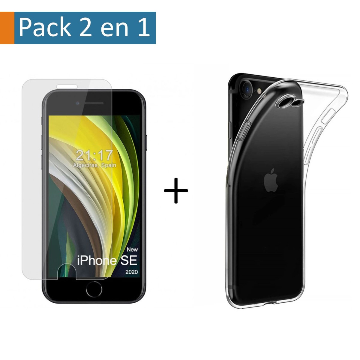 Pack 2 En 1 Funda Gel Transparente + Protector Cristal Templado para Iphone SE 2020