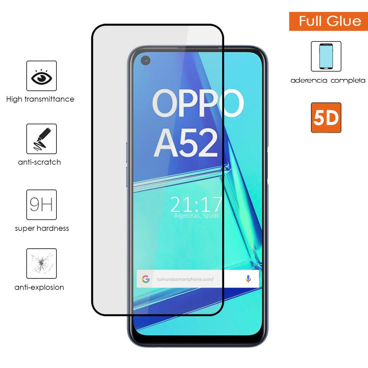 Protector Cristal Templado Completo 5D Full Glue Negro para Oppo A52 / Oppo A72 Vidrio