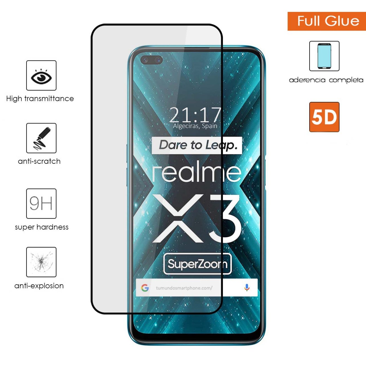 Protector Cristal Templado Completo 5D Full Glue Negro para Realme X3 SuperZoom / X50 5G Vidrio