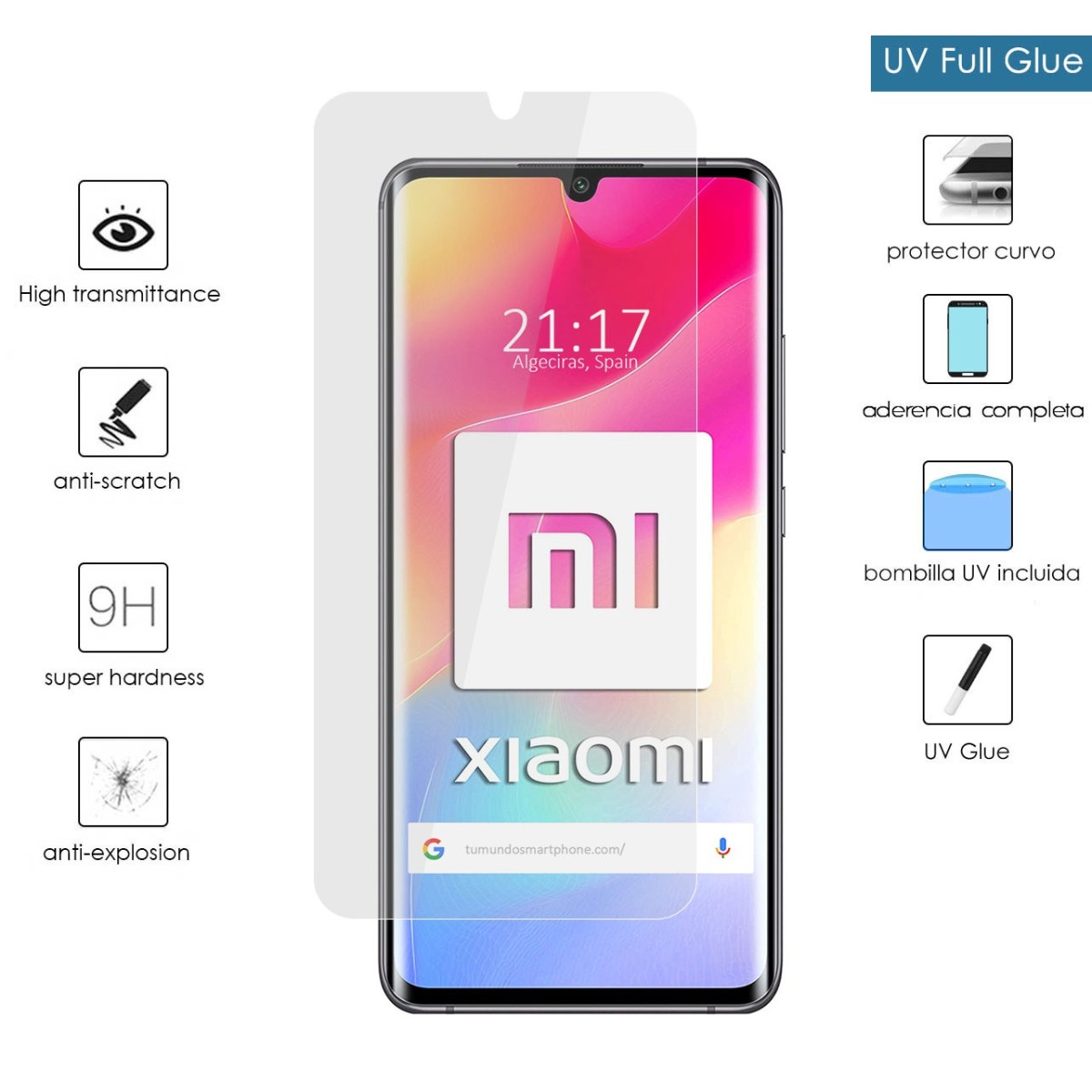 Protector Cristal Templado Completo Curvo UV Full Glue para Xiaomi Mi Note 10 Lite