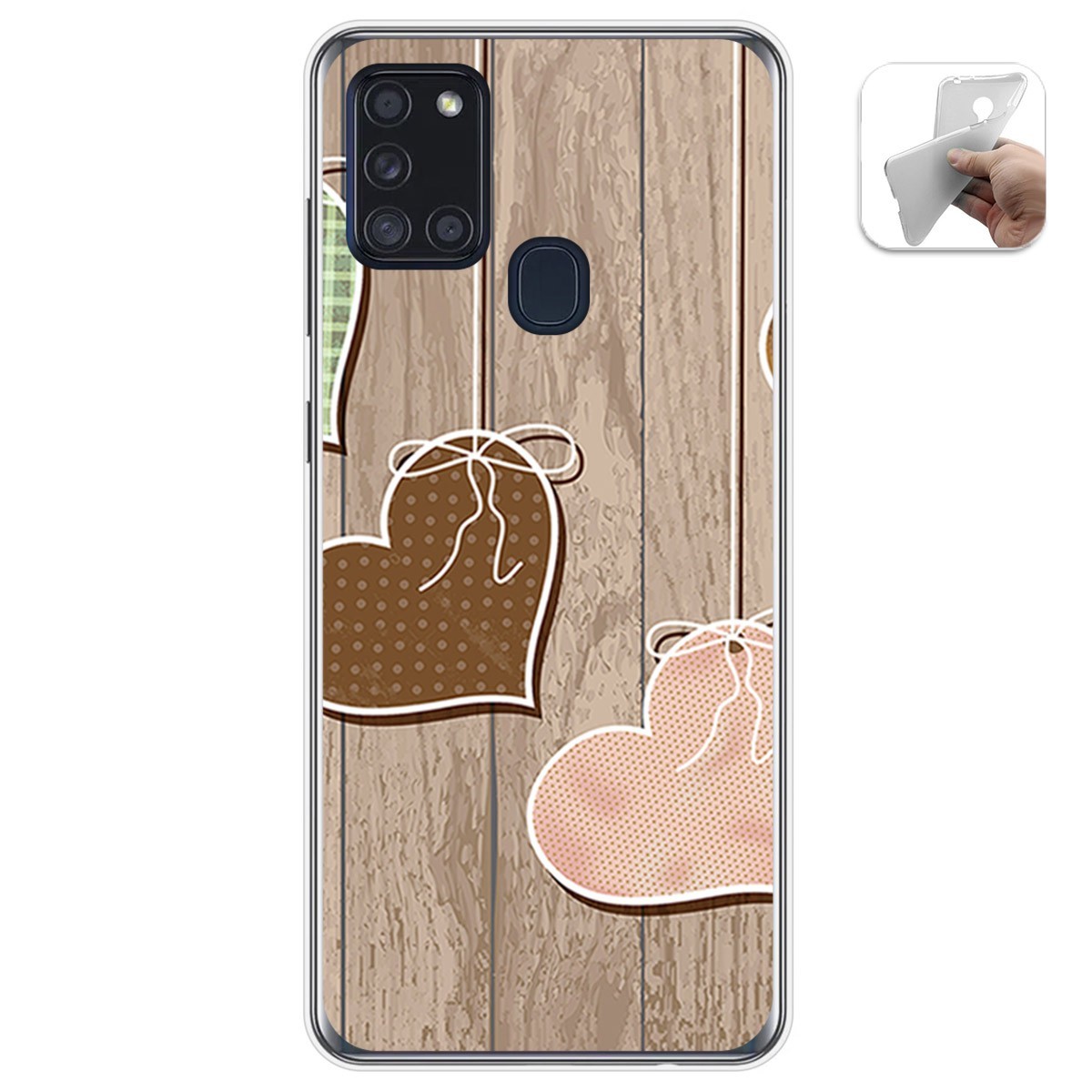 Funda Gel Tpu para Samsung Galaxy A21s diseño Corazones Madera Dibujos