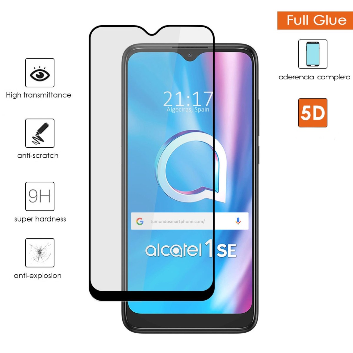 Protector Cristal Templado Completo 5D Full Glue Negro para Alcatel 1SE 2020 Vidrio