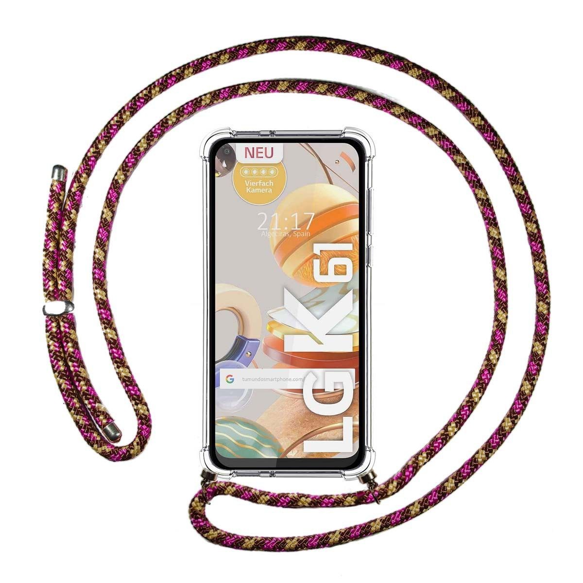 Funda Colgante Transparente para Lg K61 con Cordon Rosa / Dorado